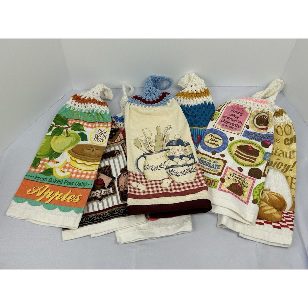 2008 Kitchen Hanging Towels Set 7 Crochet Top Apples Chef Coffee Baking